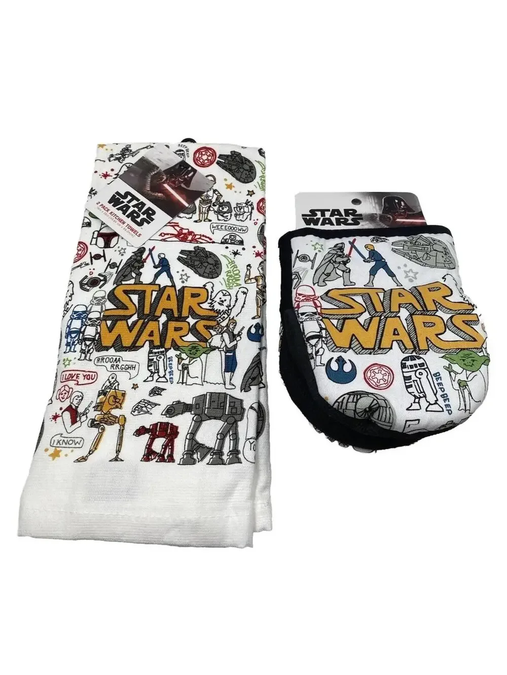 Star Wars Kitchen Towel & Oven Mitt Set White & Yellow Logo Matching Brand New